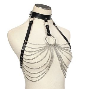 Black Vegan Leather Adjustable Harness Body Chain Swimsuits Cover